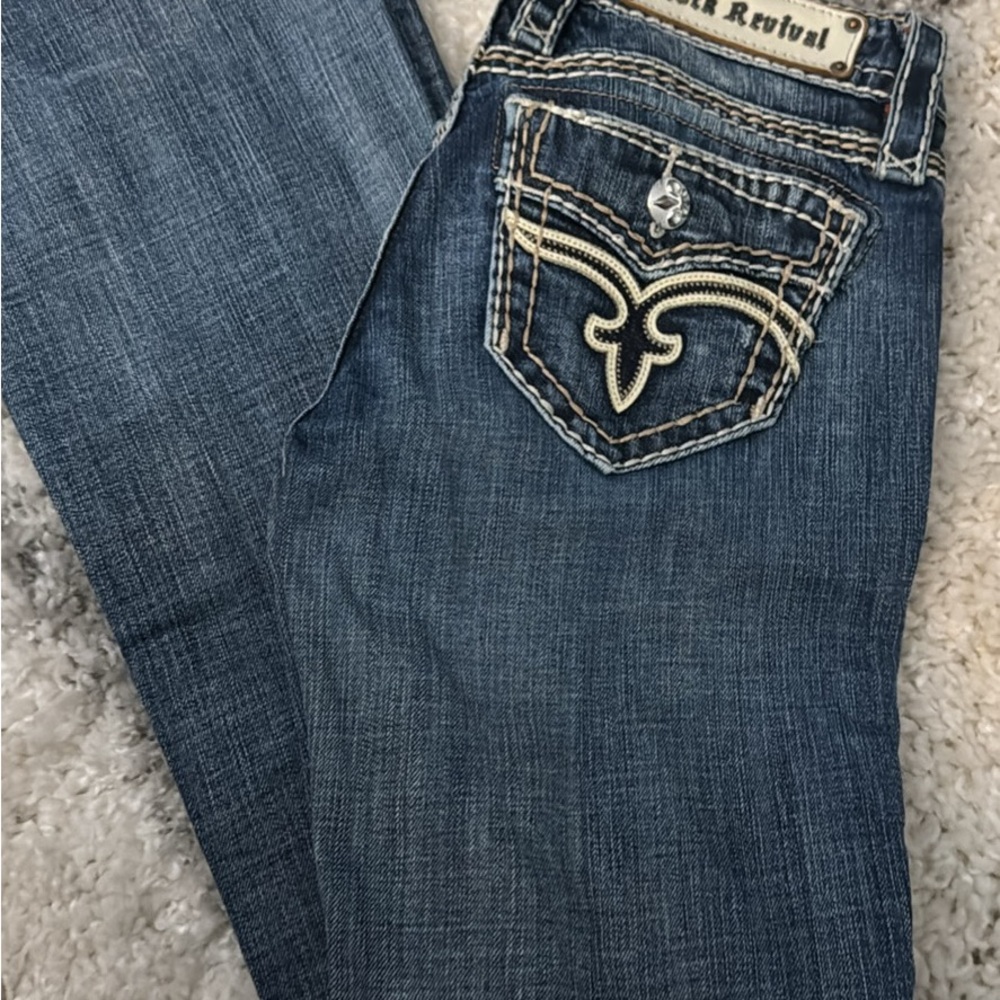 Rock Revival Blue Boot Cut Jeans with Embroidered Back